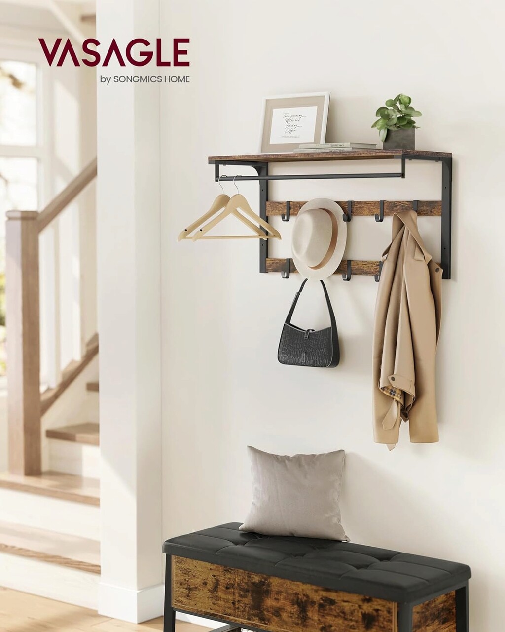 Cuier de perete cu 10 agatatori detasabile, Vasagle, 80 x 30 x 42 cm, PAL/otel, maro rustic - imagine 7